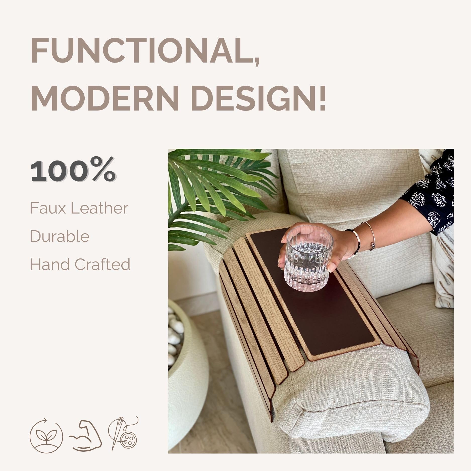 Mason Home Elm Sofa Armrest Tray - Cream Full Grain Bamboo Wood With Anti Slip Pad | Dining Tray | Home & Office Dcor | Furnitur